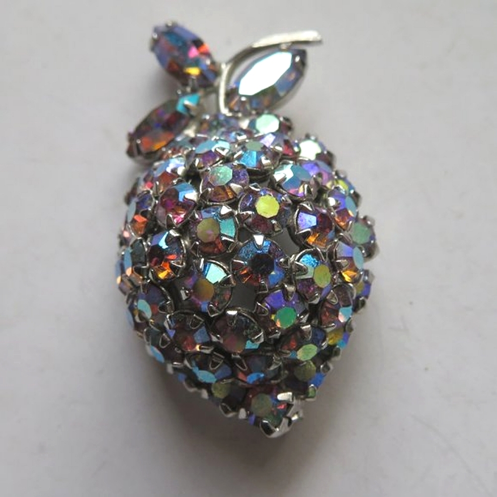 Large Iridescent Rhinestone Strawberry Brooch - image 2